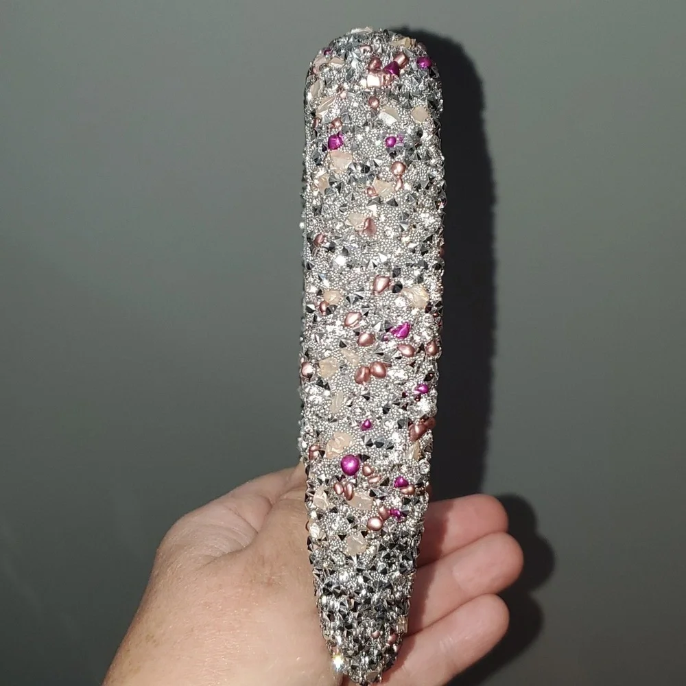 New handmade boutique rhinestone stones and beads flexible wide headband silver - Picture 2 of 7